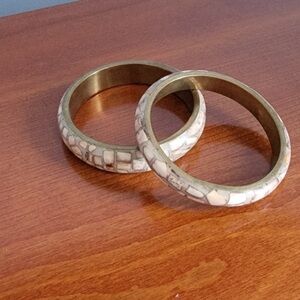 White Mosaic Inlay Bangle Bracelets - Set of 2